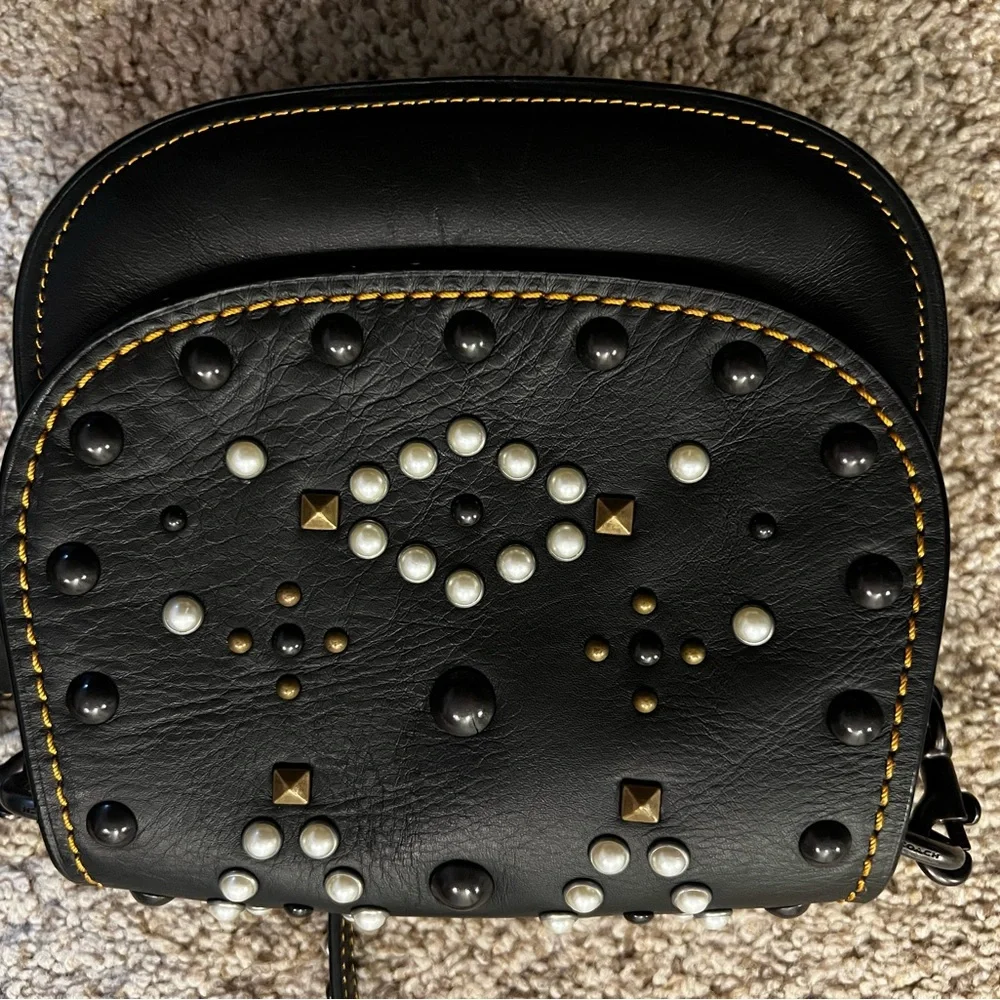 Coach VINTAGE Black Leather Crossbody Bag with Studs and‎ Pearls